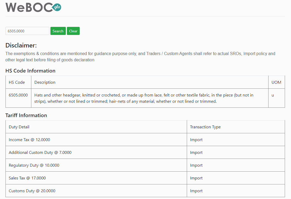 WeBOC Duty Structure as per their HS Code